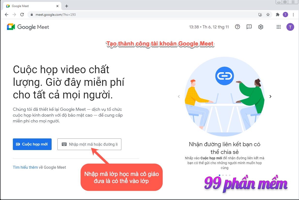 Tạo thành công tài khoản Google Meet